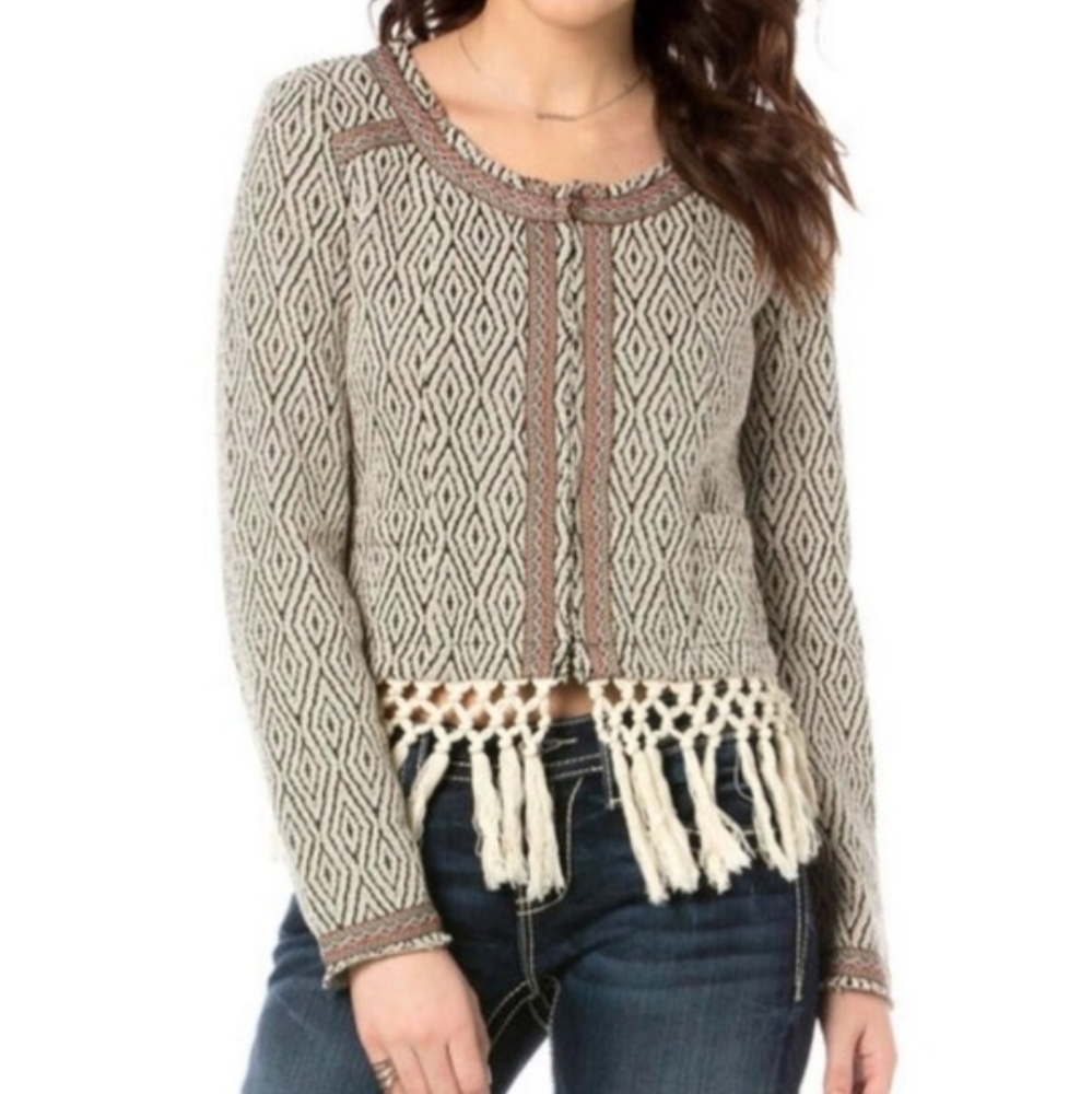 Miss Me Cream and Brown Cropped Fringe Knit Blazer